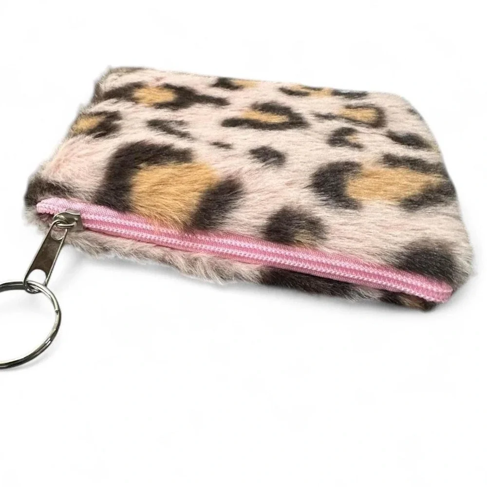 NWOT Fuzzy Animal Print Keychains with Pink Base & Silver Hardware